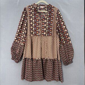 Hailey & Co Geometric Brown‎ & Orange Tiered Ruffle Dress SZ 3XL Boho, Peasant